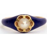 Antique French blue enamel and pearl ring, the split pearl raised in a claw set pierced mount