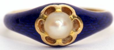 Antique French blue enamel and pearl ring, the split pearl raised in a claw set pierced mount