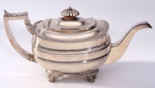 Late George III tea pot of compressed rectangular form, having straight gadrooned rim, fluted finial