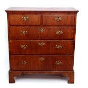 18th century walnut chest, cross banded top over two short and three full width graduated drawers on