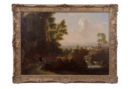 Continental School (18th/19th century) Travellers and animals in Italian landscape oil on canvas, 56