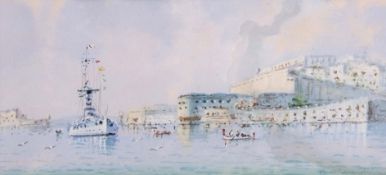 Vincenzo D'Esposito (1886-1946) Maltese harbour watercolour, signed lower right, 10 x 22cm