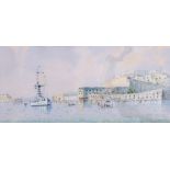 Vincenzo D'Esposito (1886-1946) Maltese harbour watercolour, signed lower right, 10 x 22cm