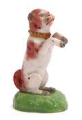 19th century Derby porcelain model of a begging dog on green base, 6cm high