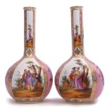 Pair of 19th century Dresden vases, the globular bodies decorated in Meissen style with