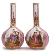 Pair of 19th century Dresden vases, the globular bodies decorated in Meissen style with