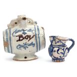 Unusual mid-18th century Delft barrel modelled as a flask with the word "Boy" in manganese, together