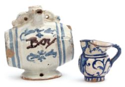 Unusual mid-18th century Delft barrel modelled as a flask with the word "Boy" in manganese, together