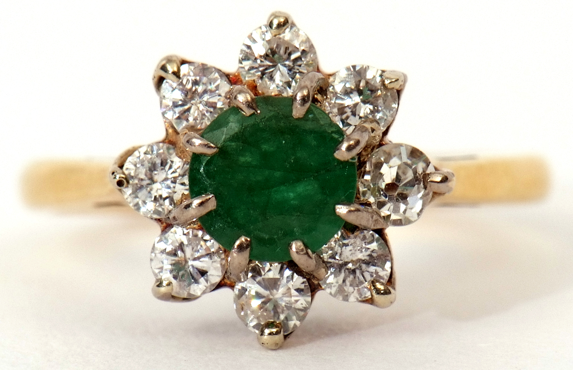 18ct gold emerald and diamond cluster ring, the circular shaped emerald multi-clawed set within a - Image 2 of 6