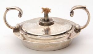 George V circular table lighter with two flying scroll handles, engraved with initial 'B', 8cm diam,