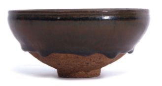 Chinese Jian ware type bowl with hares fur glaze within a wooden box and cover, 15cm diam