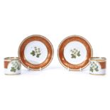 Rare pair of late 18th century Worcester (Barr) coffee cans and saucers, decorated with hops, the