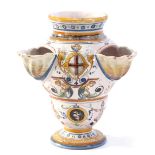 Italian Majolica armorial vase, with three shell holders for flowers and a typical design in blue