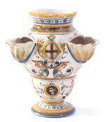 Italian Majolica armorial vase, with three shell holders for flowers and a typical design in blue