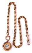 Hallmarked 9ct gold curb link watch chain with ringlet and snap suspending a miniature 9ct
