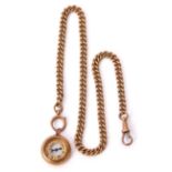 Hallmarked 9ct gold curb link watch chain with ringlet and snap suspending a miniature 9ct