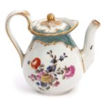 Small 19th century Meissen tea pot and cover decorated with a pastoral scene with a floral design