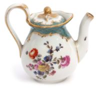 Small 19th century Meissen tea pot and cover decorated with a pastoral scene with a floral design