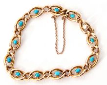 15ct stamped turquoise set curb link bracelet, the 13 open work links each centring an oval cabochon