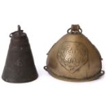 Group of two brass and possibly bronze bells, one a camel bell, the other an elephant, largest