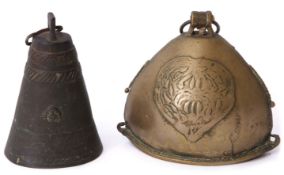 Group of two brass and possibly bronze bells, one a camel bell, the other an elephant, largest