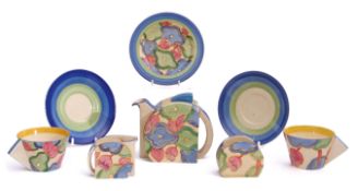 Clarice Cliff 1930s Tea for Two set decorated in the blue chintz pattern with Stamford shape to