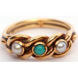 Antique 18ct gold and turquoise and seed pearl Celtic knot ring centring a circular turquoise