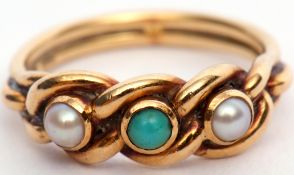 Antique 18ct gold and turquoise and seed pearl Celtic knot ring centring a circular turquoise