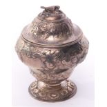 George III lidded sugar vase of baluster form to a circular foot, later embossed and engraved with