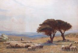 Alfred FitzWalter Grace (1844-1903) Extensive landscape with figures and sheep watercolour, signed