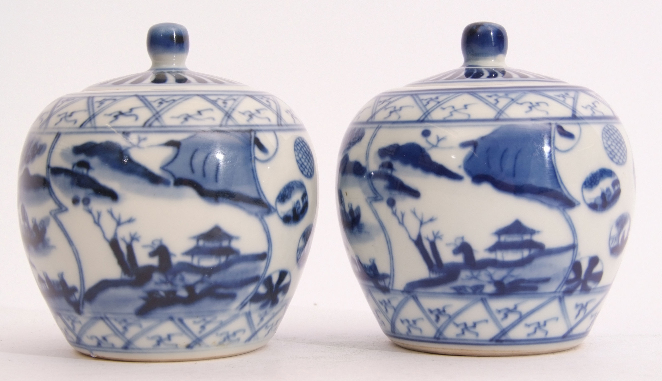 Two Chinese jars with covers, decorated with a blue and white design, six character mark to base, - Image 2 of 6