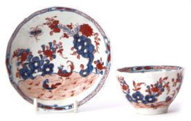 Lowestoft porcelain fluted tea bowl and saucer, decorated in polychrome with the two bird pattern,