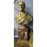 Weathered marble half-length bust, probably of W E Gladstone as a classical victor, raised on a