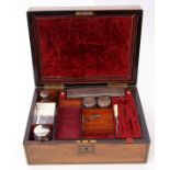 Victorian rosewood and brass mounted travelling vanity set, the interior part fitted with four