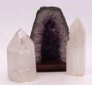 Large amethyst crystal mounted sculpture and two further agate/hardstone examples, 24, 24, and