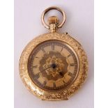 Last quarter of 19th century gold cased fob watch, button wind, with black Roman numerals to an