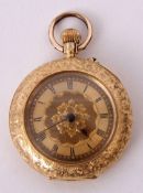Last quarter of 19th century gold cased fob watch, button wind, with black Roman numerals to an