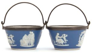 Two late 18th/early 19th century Wedgwood blue jasper salts, finely painted in relief with typical