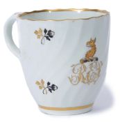 Rare Lowestoft armorial coffee cup with spiral pattern in gilt and black flowers with armorial and