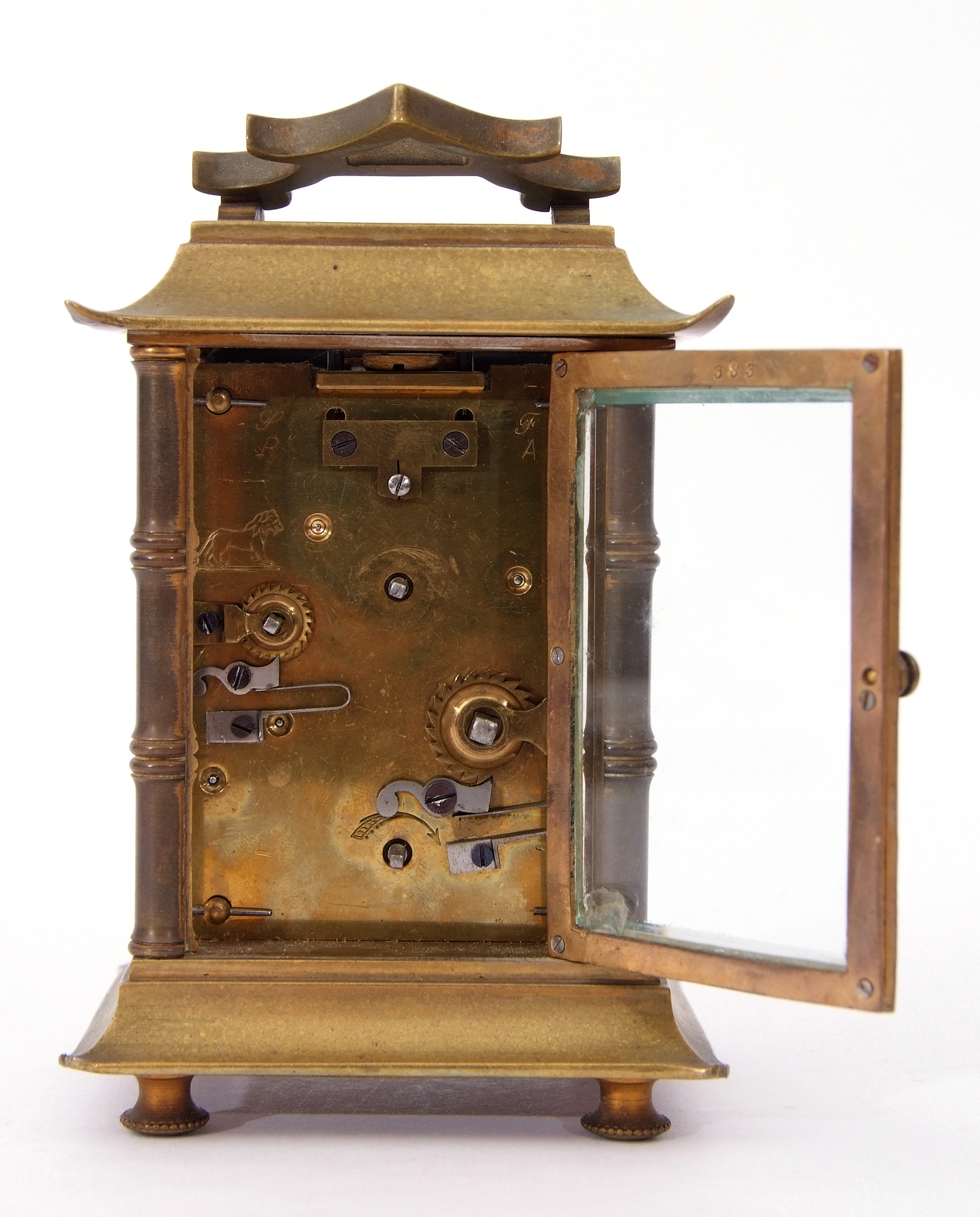 Third quarter of 19th century French brass carriage clock in Chinese pagoda style, blue Arabic - Image 4 of 5