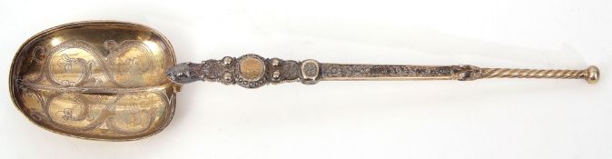 Cased George V silver gilt serving spoon in the form of a copy of the Coronation anointing spoon