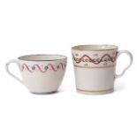 English porcelain mug with ear shaped handle and alternating design in red and green