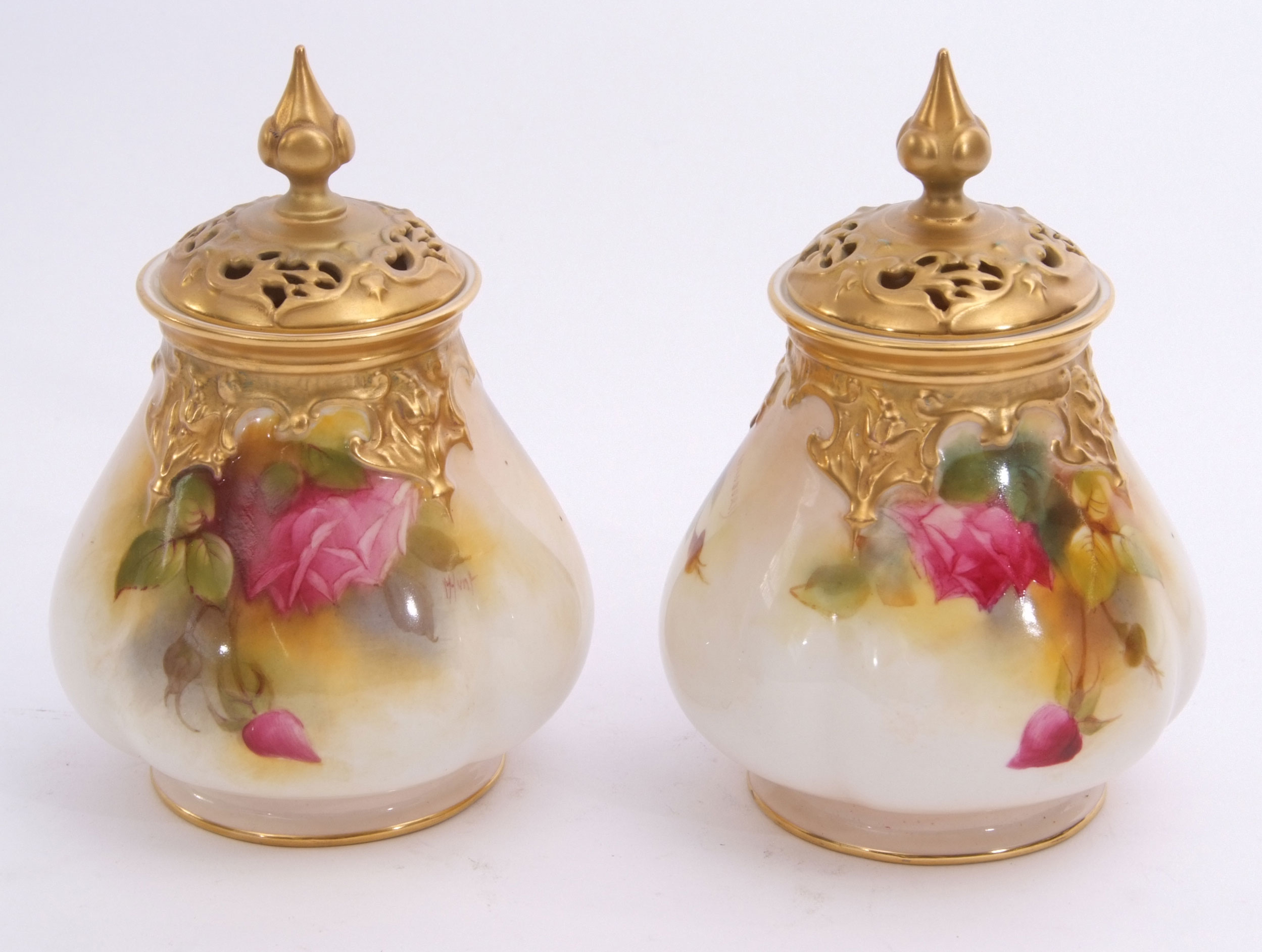 Pair of Royal Worcester pot pourri vases with gilt reticulated covers, painted with roses, one - Image 2 of 2