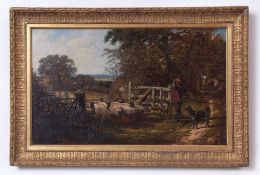 Attributed to George William Mote (1832-1909) Shepherd, dog and flock by a gate oil on canvas, 36