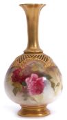 Royal Worcester vase, decorated with roses, signed by E M Fildes, factory mark to base and shape