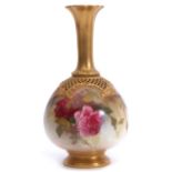 Royal Worcester vase, decorated with roses, signed by E M Fildes, factory mark to base and shape