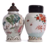 Two 18th century Chinese export caddies with wooden covers, one with polychrome decoration of