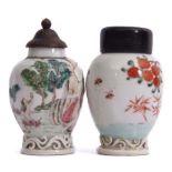 Two 18th century Chinese export caddies with wooden covers, one with polychrome decoration of