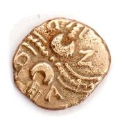 Celtic Coin: Catavallauni, Andoco, quarter-stater, crossed wreath, crescents in centre, ANDO in