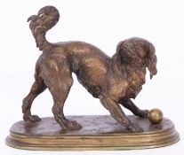 Ferdinand Pautrot (1832-1874) gilt bronze study of a spaniel dog with a ball, the base signed